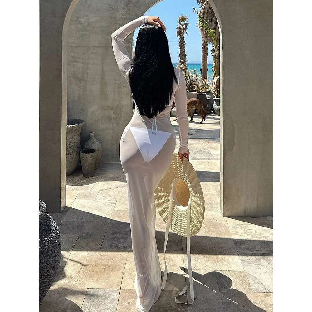 Sibybo Sexy See Through Gauze Close Fitting Dress Basics Solid Color Straight Shoulder Long Sleeve Robe Summer Lady Clothes KLMY