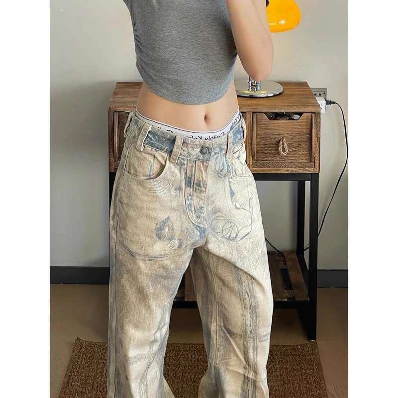 Women's Graphic Print Jeans Baggy Haruku Y2k Aesthetic Oversize Denim Trousers Korean Jean Pants Vintage 2000S Trashy Clothes