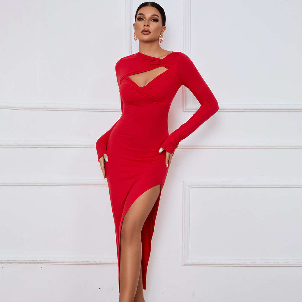 Women's Slim Fit Wrap Hip Tight Skirt Sexy Split Long Sleeve Dress KLMY