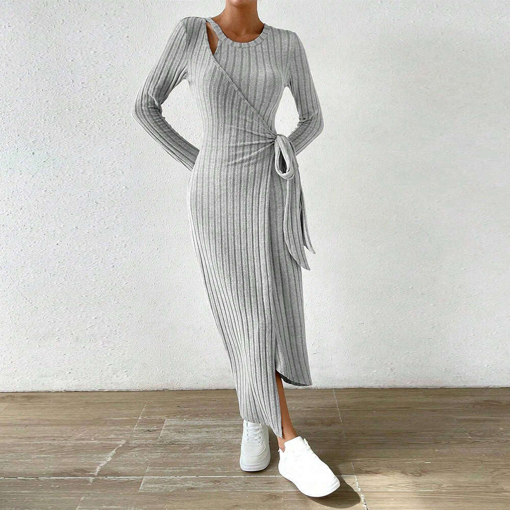 Autumn/Winter New Women's Knitted Grey Irregular Long Dress KLMY