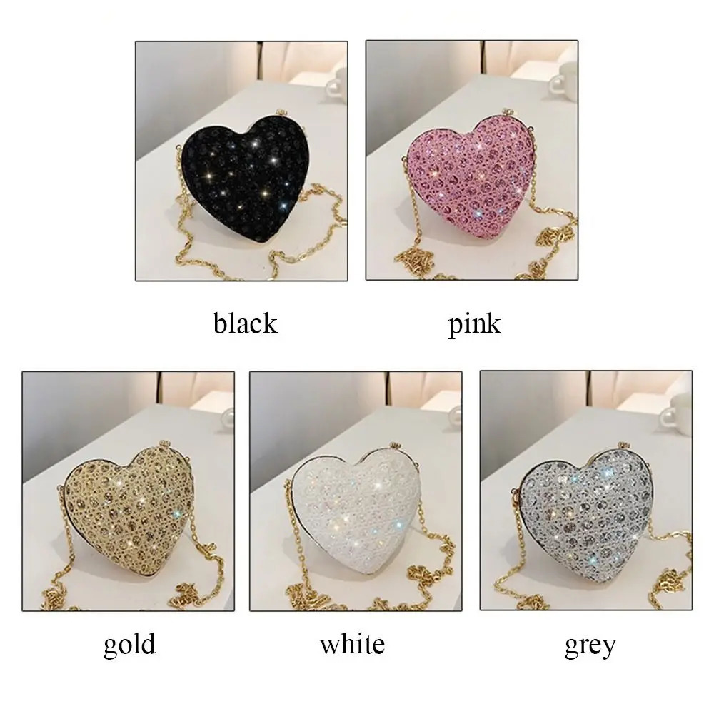 Heart-shaped Evening Bag Gold Bright Silk Rhinestone Decorative Banquet Clutch Chain Shoulder Bags Wedding Party 250306