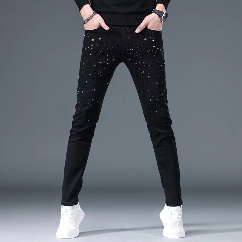 2023 Spring Trendy Brand Jeans Mens Light Grey Heavy duty Hot Diamond Fashion Casual Slim fit Small Leg Pants241206