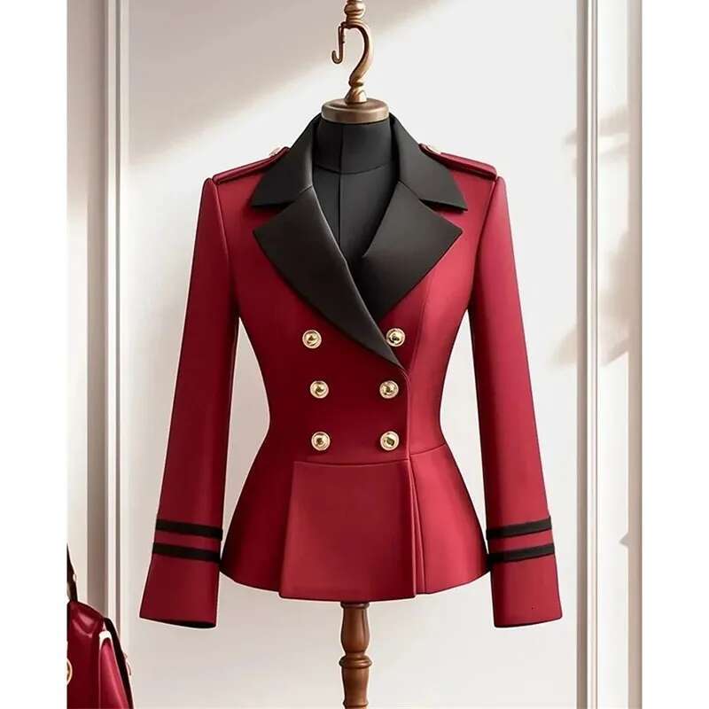 2025 Spring Autumn Women's Popular Explosions Anchorage Red Suit Temperament Slim Waist Advanced Contrast Jacket