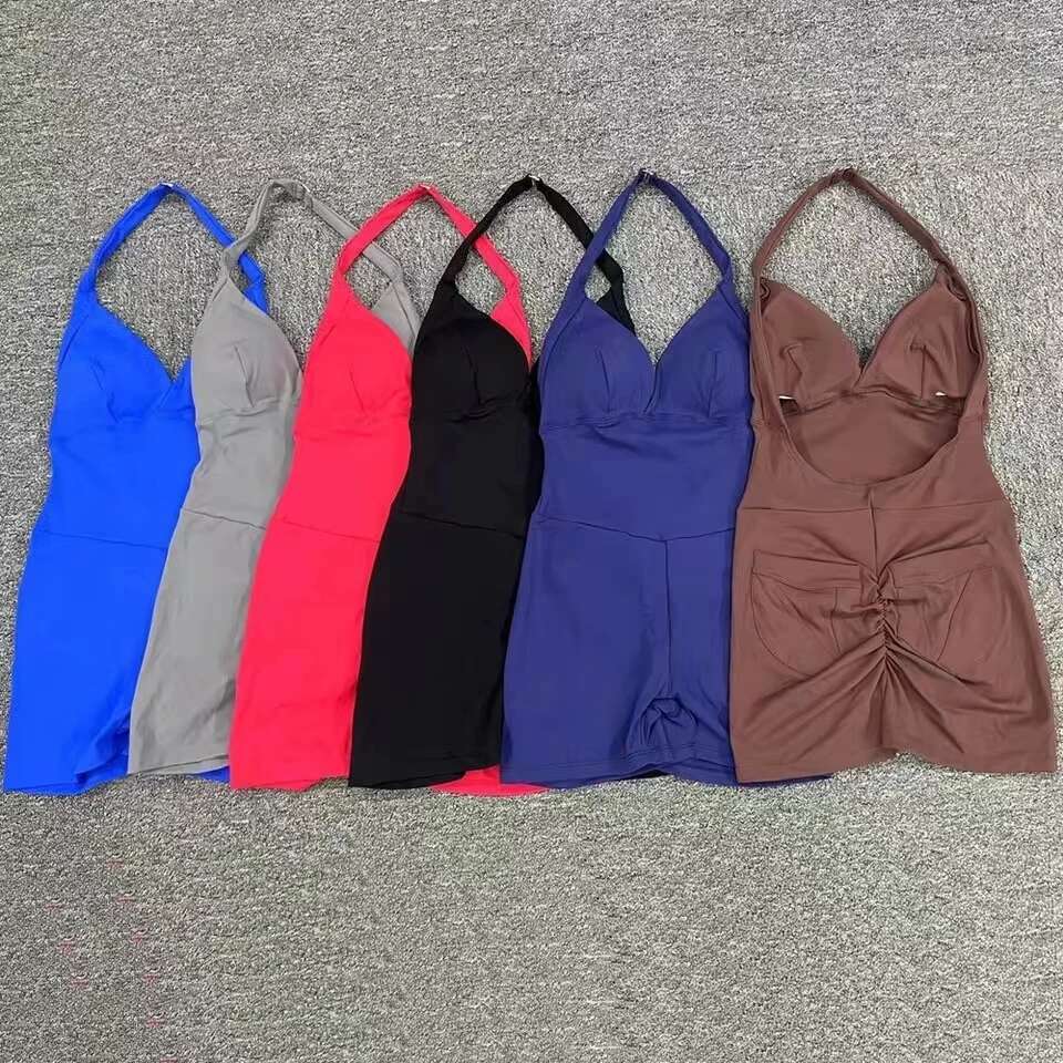Pad Women Gym Yoga Set Sports One Piece Jumpsuit Sexy Fiess Workout Sleeveless Shorts Rompers Active Cycg Wear KLMY