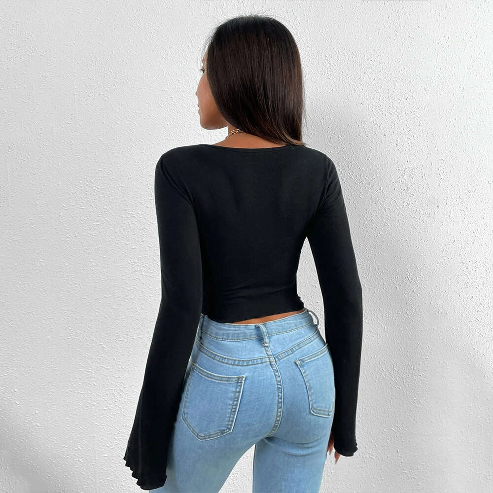 Women's Vacation V-Neck Flare Sleeve Waistband Irregular Knitted Long Sleeved T-Shirt Top KLMY