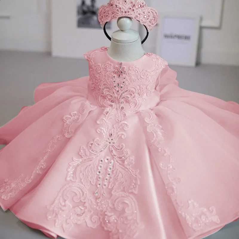 Baby Girl Christmas Baptism White Pink Dress Kids Beading 1st Birthday Elegant Princess Party Christening Toddler Vestidos 250305