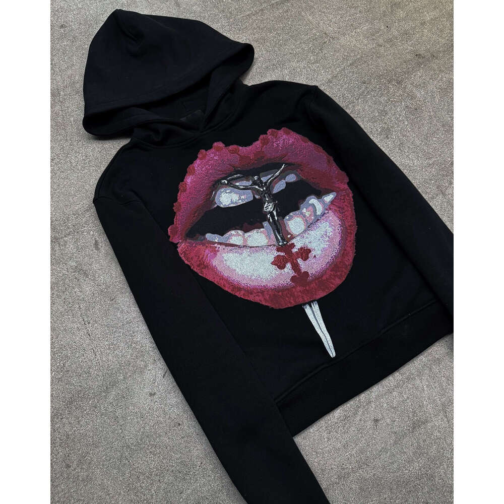 2025 new design with large lip print pattern, loose and trendy personality hoodie sweatshirt