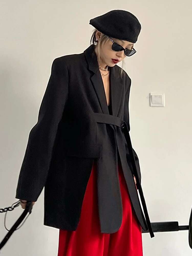 EAM Gary Bandage Slit Casual Blazer Women New Lapel Long Sleeve Loose Fit Jacket Fashion Tide Spring Autumn 2025 30A1760