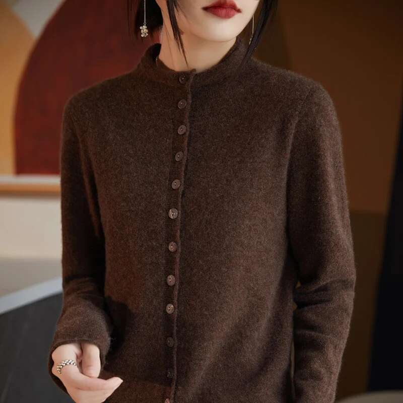 Women's Long Sleeved Solid Color Button Up Australian 100% Wool Cardigan Autumn And Winter French Fashion Knitted Jacket