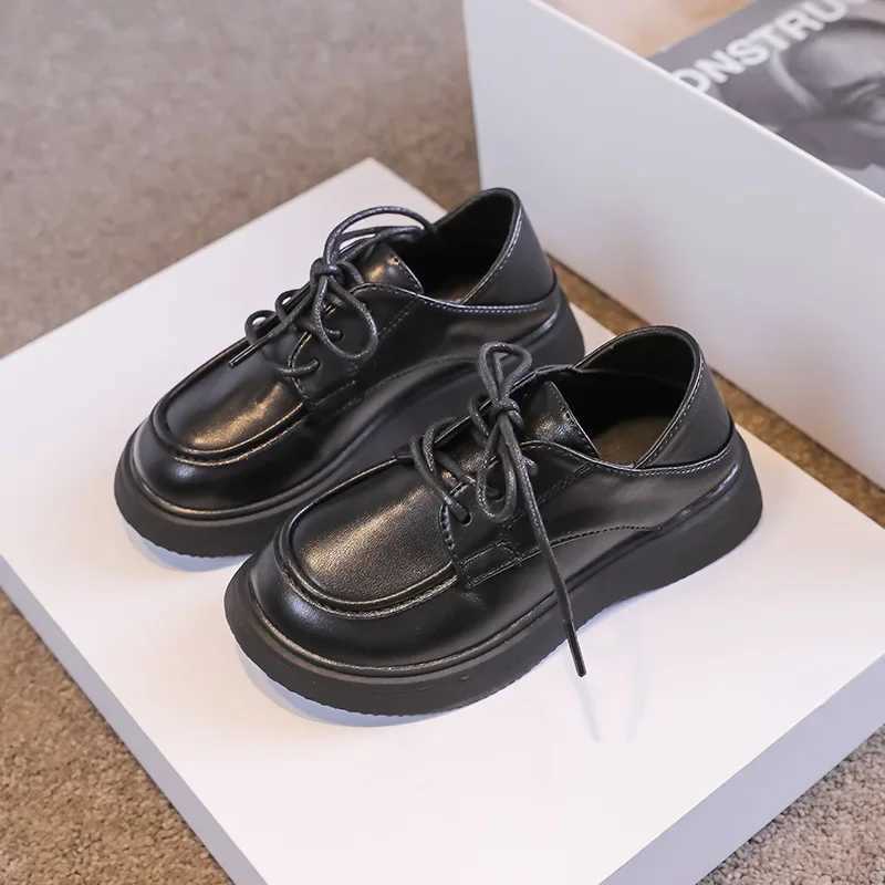Children Little PU Black Shoes 2024 Spring New Britain Style Retro Loafers Japanese Lace-up School Shoes for Girls and Boys FlatT250306