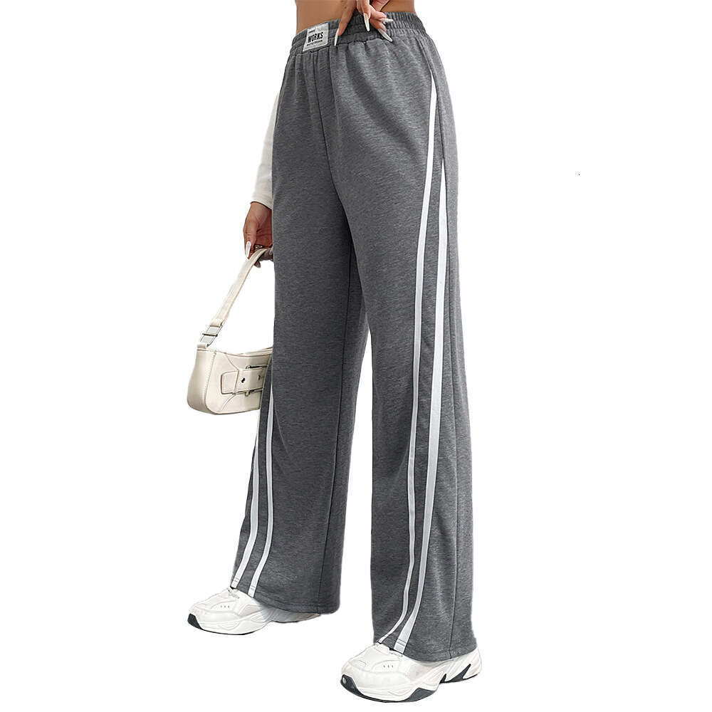 Women's Autumn/Winter Sports Pants, High Waisted Loose Straight Casual Sweatpants, Striped Patchwork Wide Leg Pants KLMY