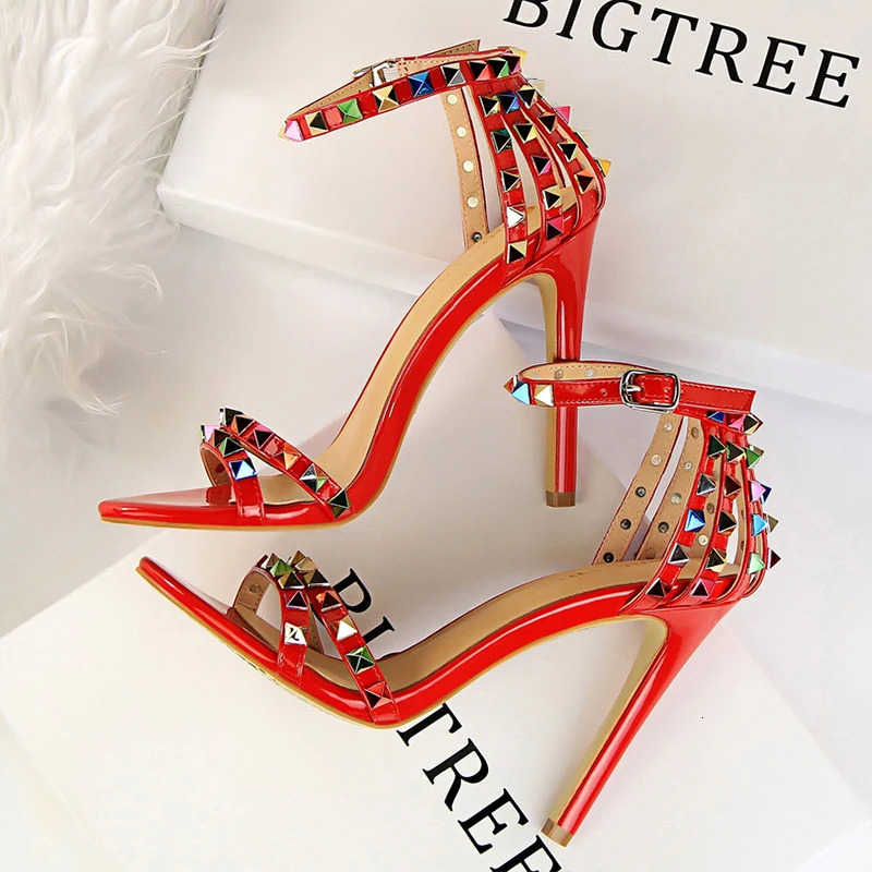 BIGTREE Shoes Color Rivets Women Sandals Roman Style Heeled Sandals Hollow Out High Heels Stiletto Sexy Party Shoes Sandals 250306