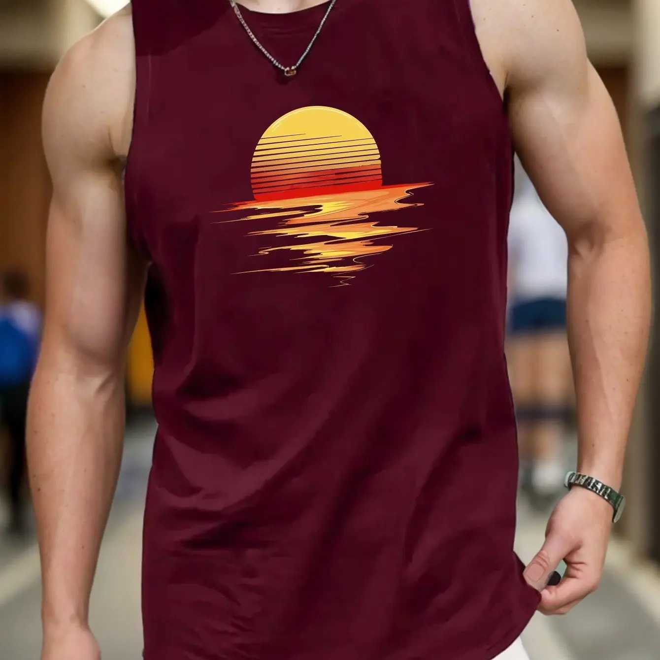Summer New Mens Vest T-shirt Sun Sunset Print Round Neck Vest Daily Fitness Sports Comfortable And Breathable Daily Mens VestT250318