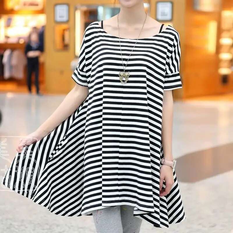 Black White Striped T-Shirt Women In Spring And Summer New Short-Sleeved Chiffon Loose Top Round Neck Pullover Mid-Length