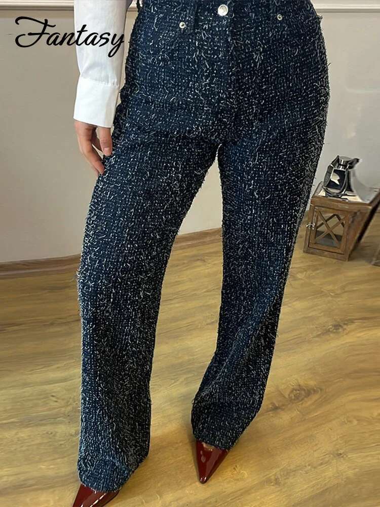 Elegant Tweed Women Fringes Elastic Straight Long Denim Pants Female 2025 Spring Summer Y2k High Waist Street Jeans Lady