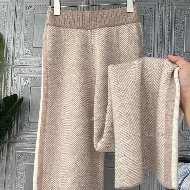 Women's Capris S-3Xl Elegant Wool Wide Leg Korean Fashion Striped Knitted Winter Office Womens High Waist Bag Pants