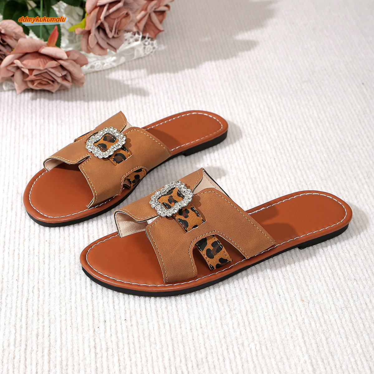 2025 Summer New Large Flat Bottom Round Head Leopard Pattern Fashion Casual One Word Strap Cool Slippers Temu #ddmykukumalu