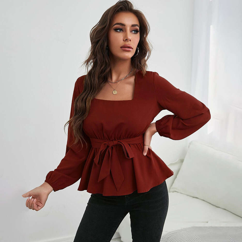 New Style Square Collar Elastic Waist With Lotus Leaf Edge Long Sleeve Women's Shirt Temperament Top KLMY