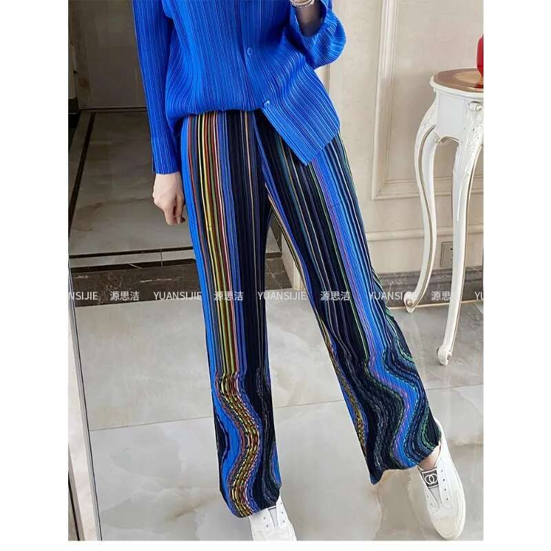 GGHK Pleated Women Casual Straight Leg Striped Printed Design Loose Stretch Fashion Hundred Female Pants 2025 Spring New