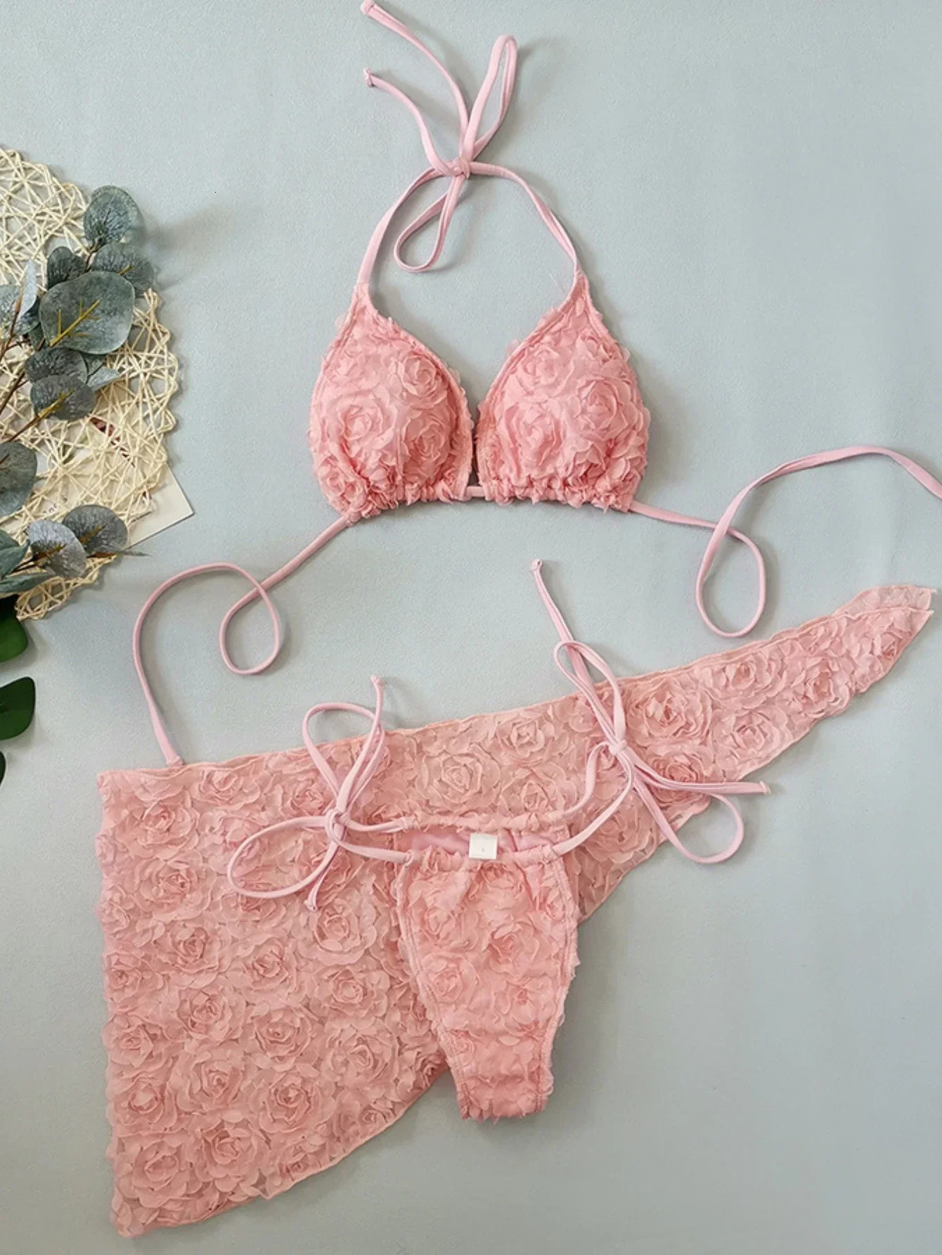 Womens Sexy 3 Piece Bikini Set 3D Flower Beach Skirt Swimsuit Pure Pink Triangle Halter Backless Thong Swimwear Summer 250306