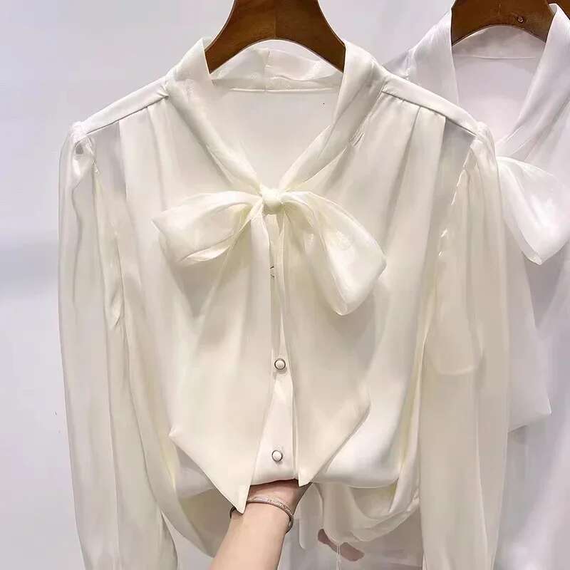 Chiffon Long Sleeve Ribbon Elegant Blouse For Women Korean Fashion Shirts And Blouses 2024 Autumn Women's Clothing
