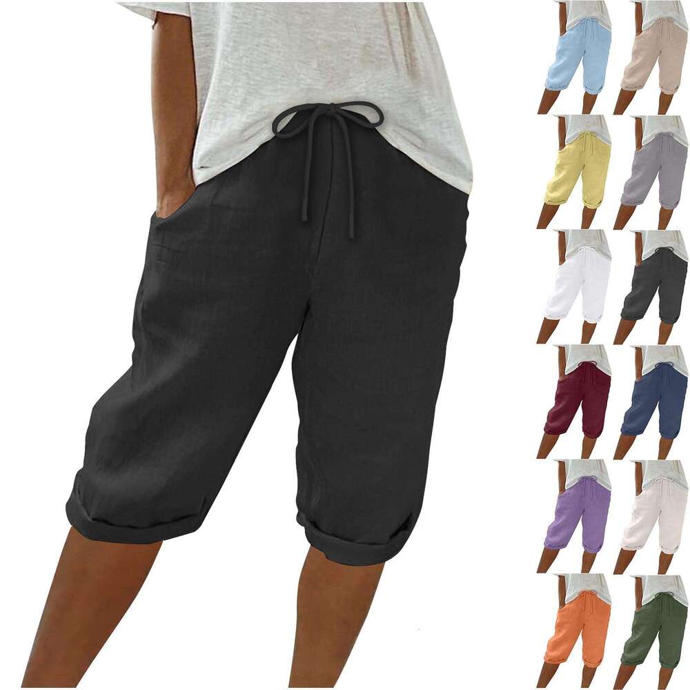 European American cotton en pocket elastic casual women's five quarter pants 2025 new style chic and elegant clothing