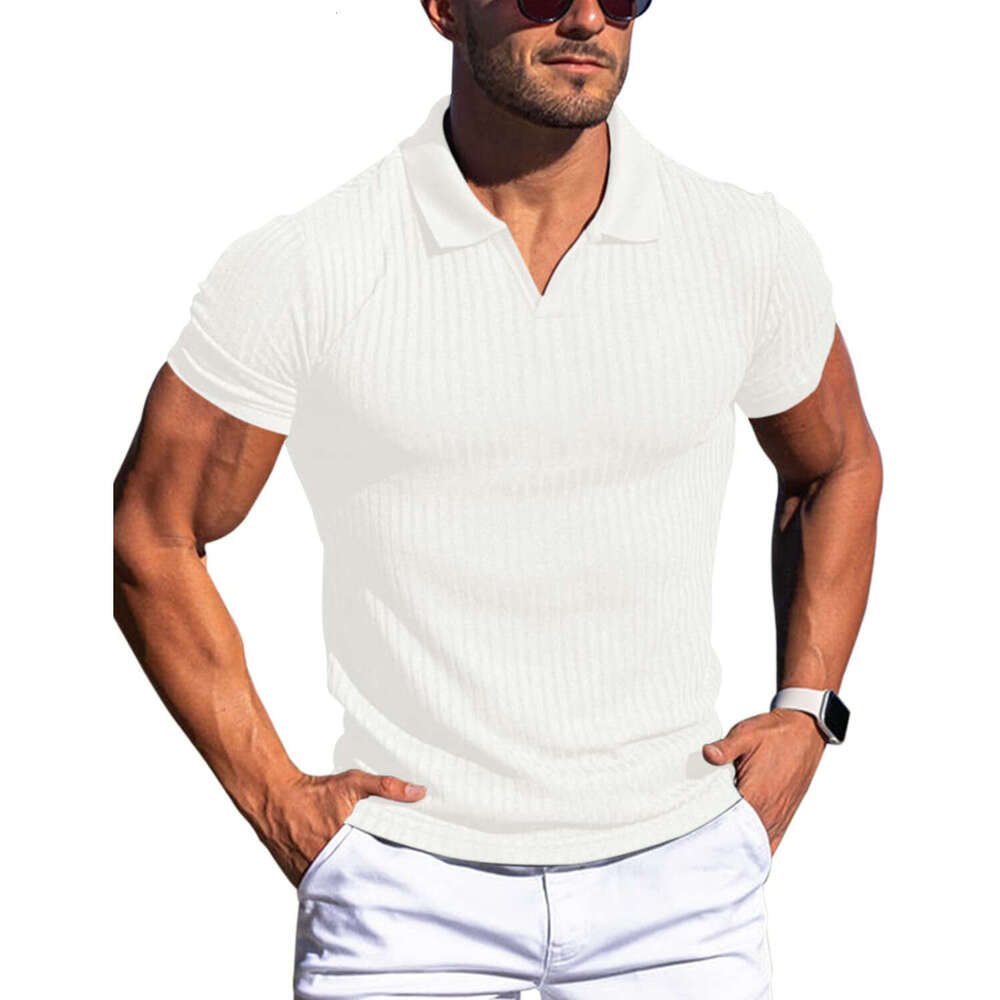 European and American summer polo shirt, V-neck vertical stripe short sleeved men's T-shirt, 2025 new casual versatile fashion clothing