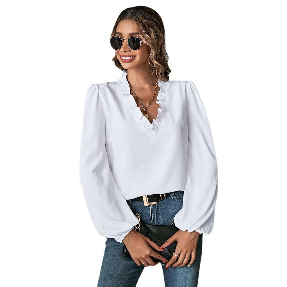 Women's Ruffled V-Neck Loose Long Sleeved Commuting Women's Shirt Top KLMY