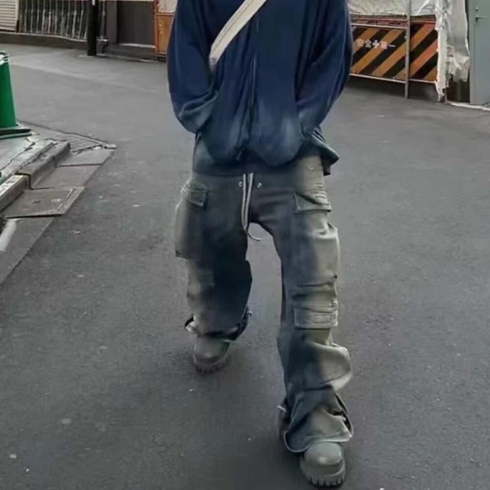 RO Style Gradient Ribbons Multi-Pockets Drawstring Jeans For Men Haruku Streetwear Baggy Y2k Denim Trousers Oversized Cargos