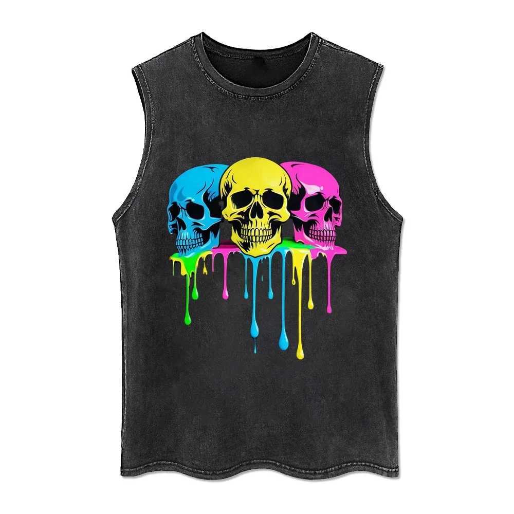 Skull Bones Sleeveless Tops Washed Retro Tank Top Animal Vintage Tank Tops Summer Black Tshirt Streetwear T-shirt Unisex Y2k TeeT250318