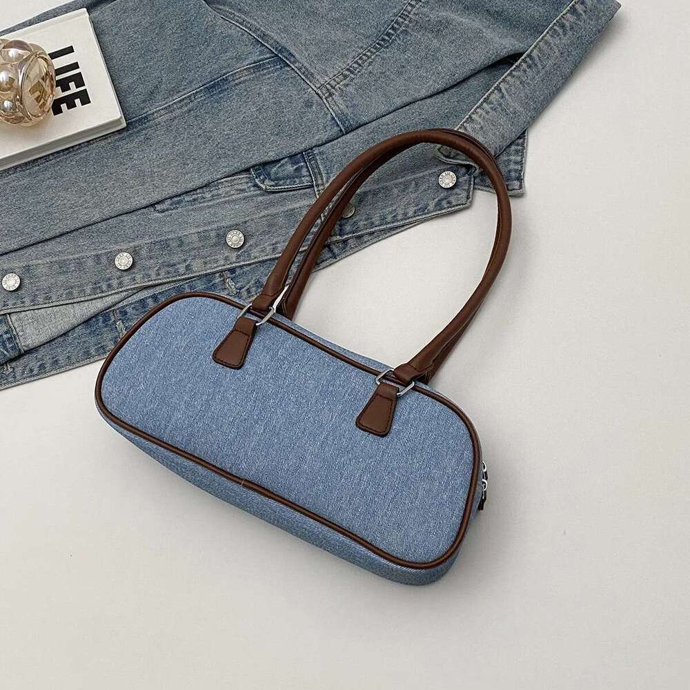 commuter large-capacity Fashion women's fashionable color-matching denim shoulder hand baguette bag