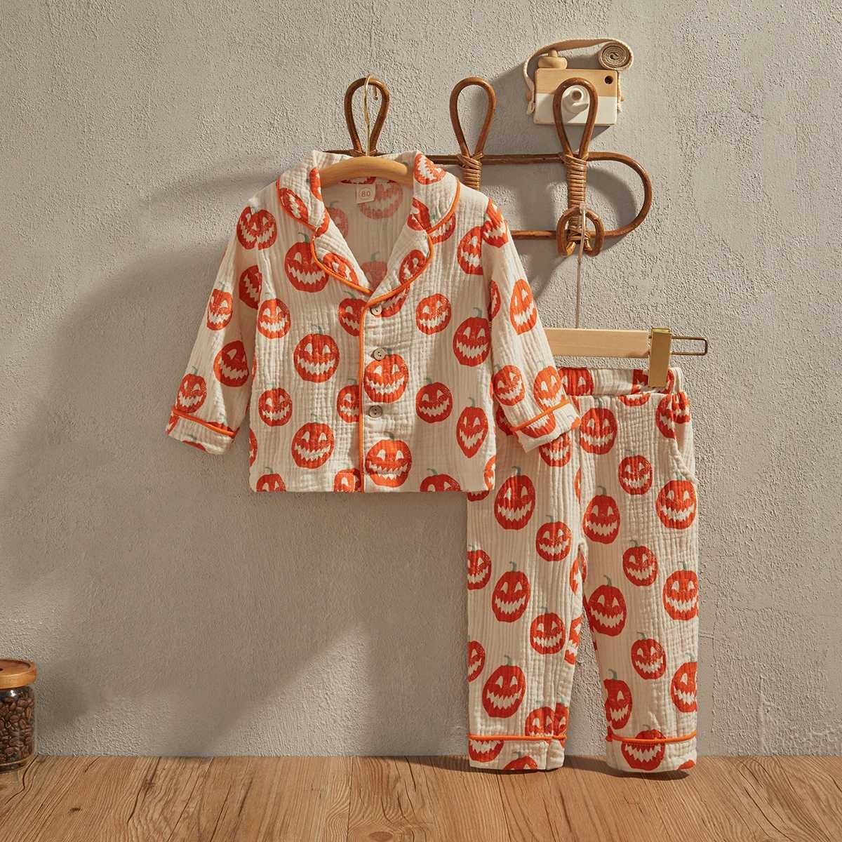EWODOS 1-6 Years Toddler Baby Kids Unisex Casual Pajama Suit Cartoon Bear Print Long Sleeve Front Pocket Lapel Tops+ Long Pants M250306