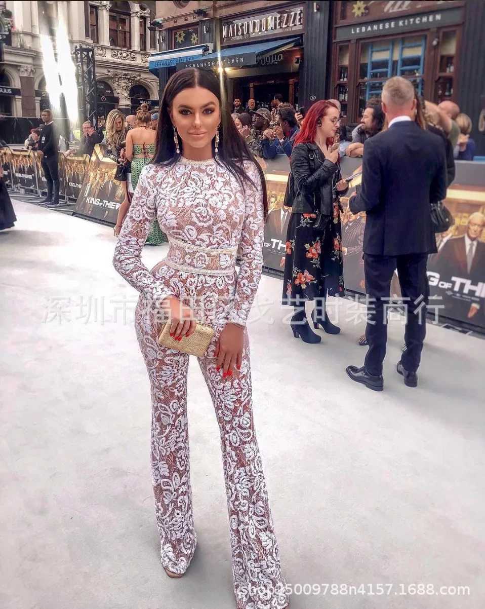 Womens Jumpsuits Solid Color Hollow Out Suit Fashion Lace O-neck Temperament Slim Jumpsuit Womens Pullover Casual Clothing W250306