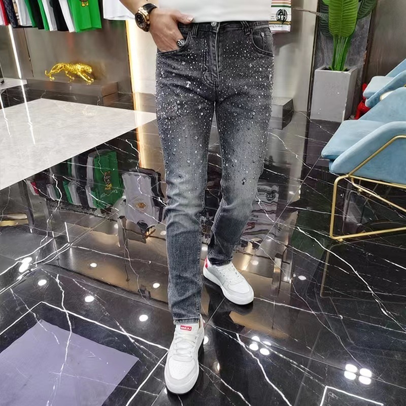 2023 Spring Trendy Brand Jeans Mens Light Grey Heavy duty Hot Diamond Fashion Casual Slim fit Small Leg Pants241206