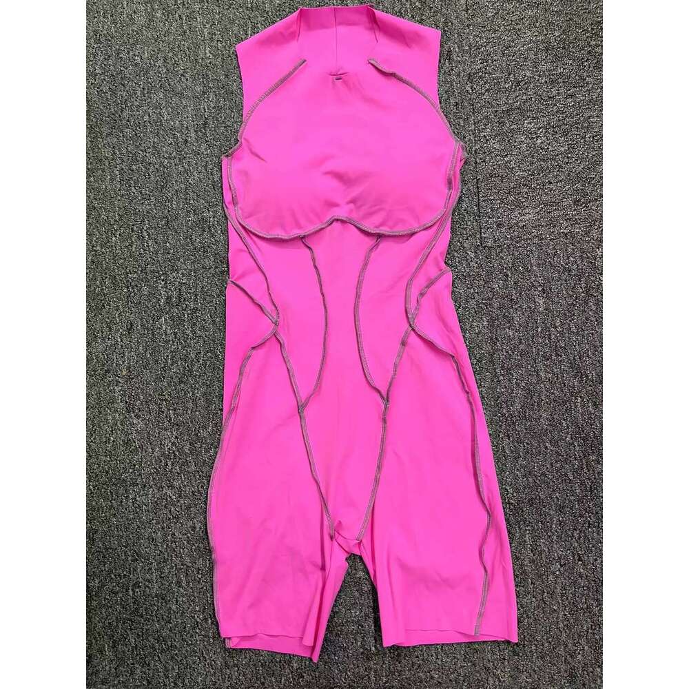 Pad Nylon Women Bodysuit Fiess Yoga Set Splicing Contrast Color Exposed V Butt One-Piece Shorts Jumpsuit Gym Sports Push Up KLMY