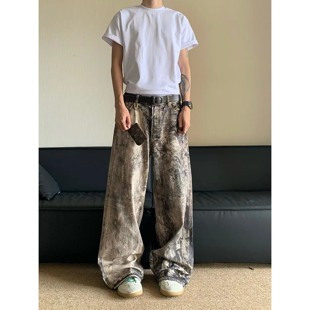 Mens Jeans Floor Length Pants Denim Camouflage Print Loose Casual Straight Trousers Pocket Splice Autumn Winter 250306wtt
