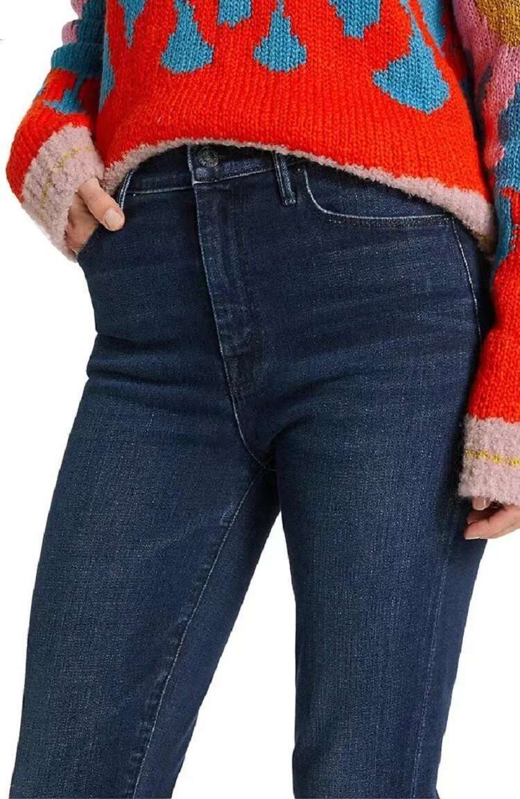2024 Spring New High Waist Dark Blue Mide Slim Fit Flared Denim Women's Pants Trousers