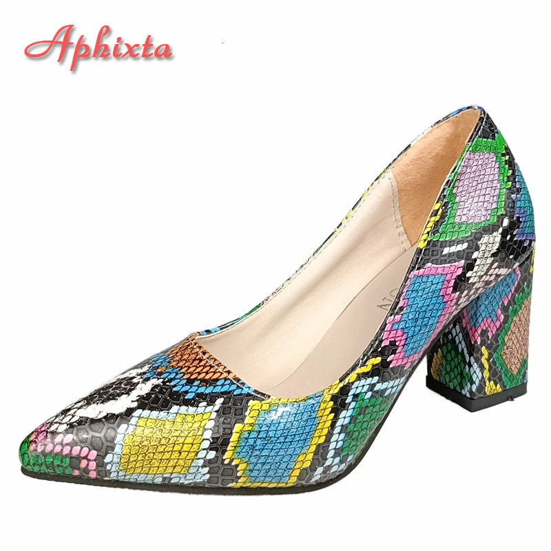 Aphixta Snake Prints 7cm Square Heels Pumps Women Shoes Crystal Pearl Sunflower Buckle Party Leisure Big Szie 35-46 250306