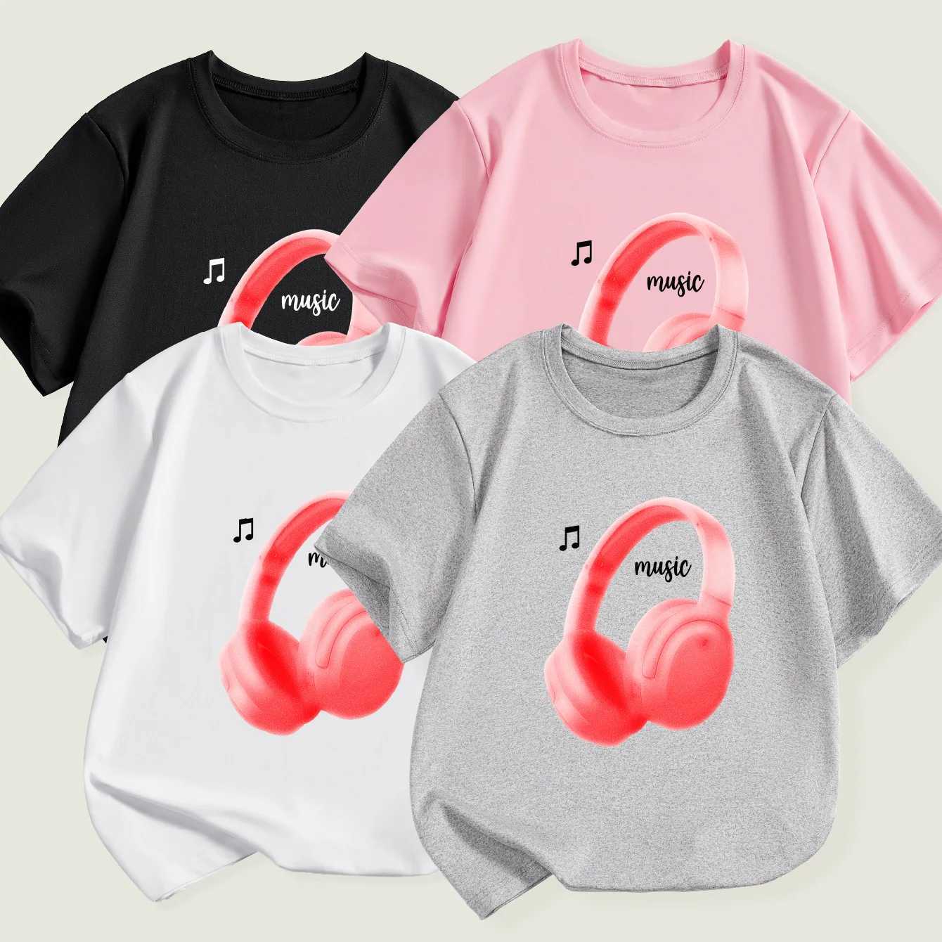 Ring Summer Casual Short-sleeved T-shirt Music Earphones Printed Round Neck Comfortable Childrens Clothing Girl Boys ClothesT250306