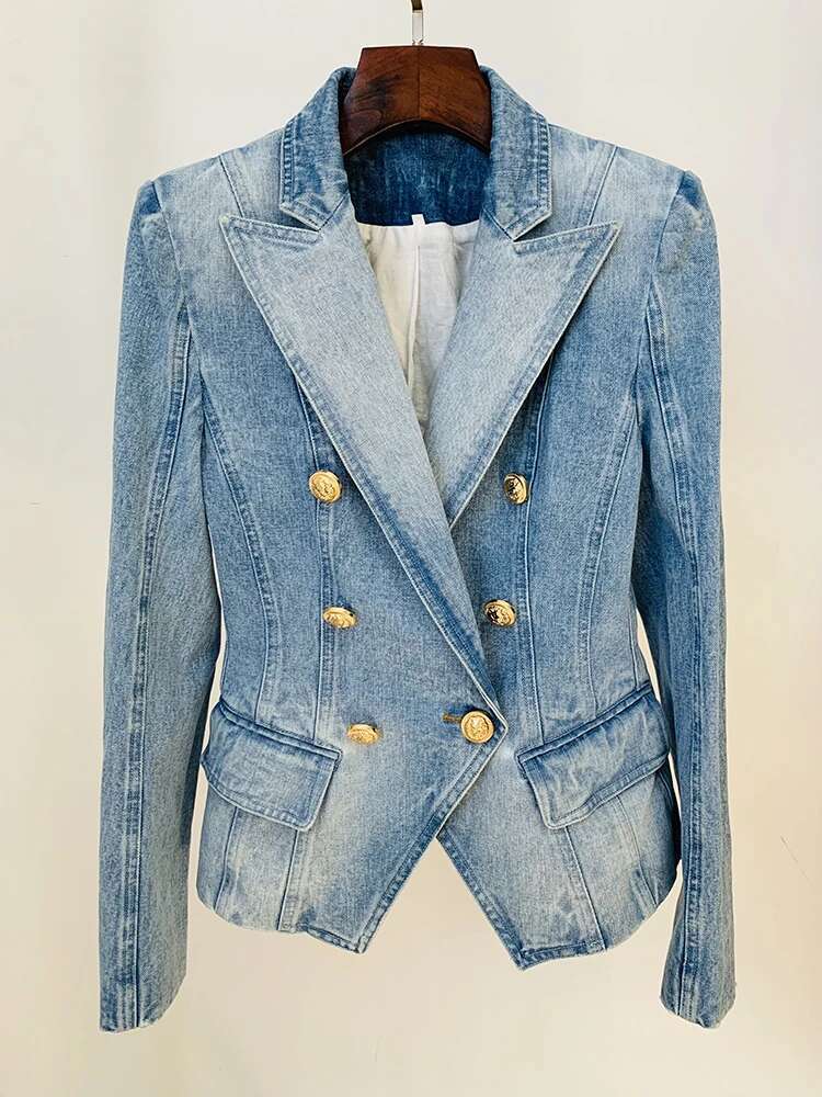 HIGH Quality 2025 Newest Designer Jacket Women's Slim Fitting Double Breasted Lion Buttons Denim Blazer