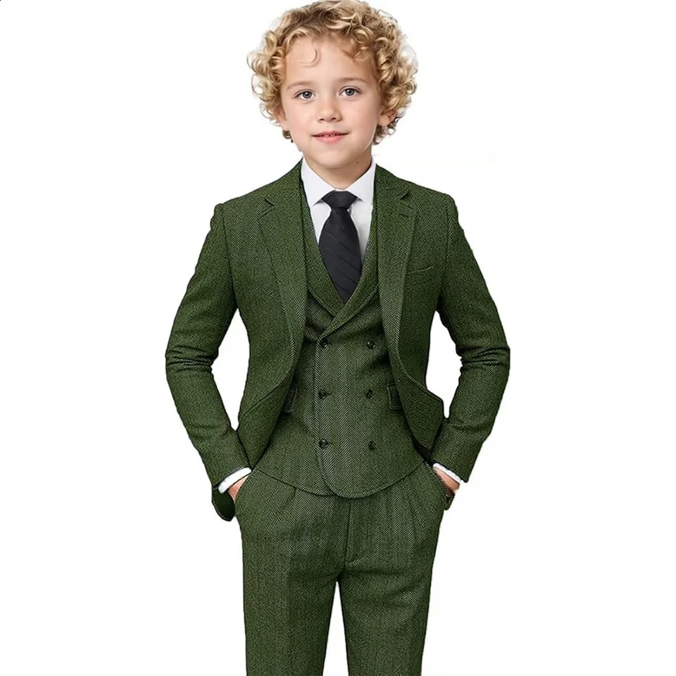Boys Tweed Suit 3 Piece Tuxedo Suit for Boys Two Button Suits Jackets Vest Pants Set for Kid 250305