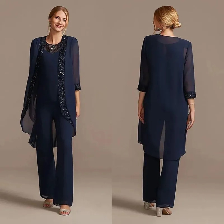 3 Pieces Dark Navy Chiffo Mother Of The Bride Pats Suits With Jacket Sequis Beaded Simple Weddig Guest Dress Log Sleeves Elegat Groom Mom Formal Party