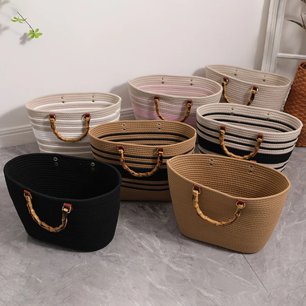 Womens Woven Tote Bamboo Handle Shopping Tote Bag Large Capacity Striped Handbag Casual Fashion Exquisite Clutch Beach Bag 250306