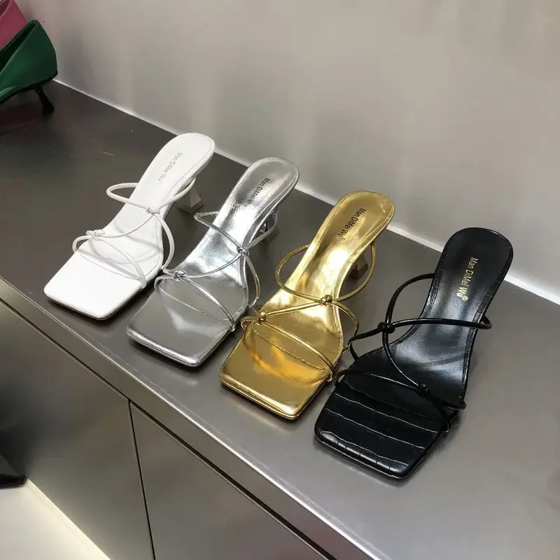 Korean Summer Women Thin Heels Sandals Ins Squared Toe Thin Bandeau Med Heels Slippers Sexy Gold Silver Black Shoes 250306