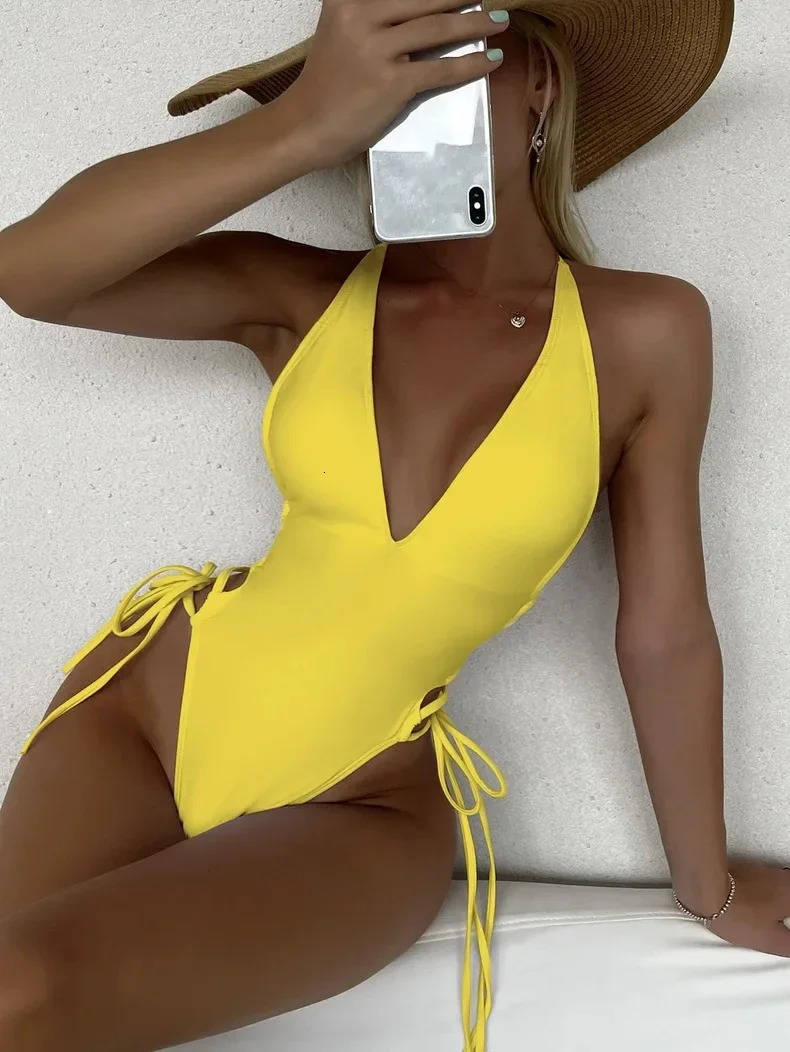 Fashion Solid Deep V Neck One Piece Swimsuit Women Yellow White Hollow Out Pleate Swimwear Beach Bandage Bathing Suit Monokini 250306