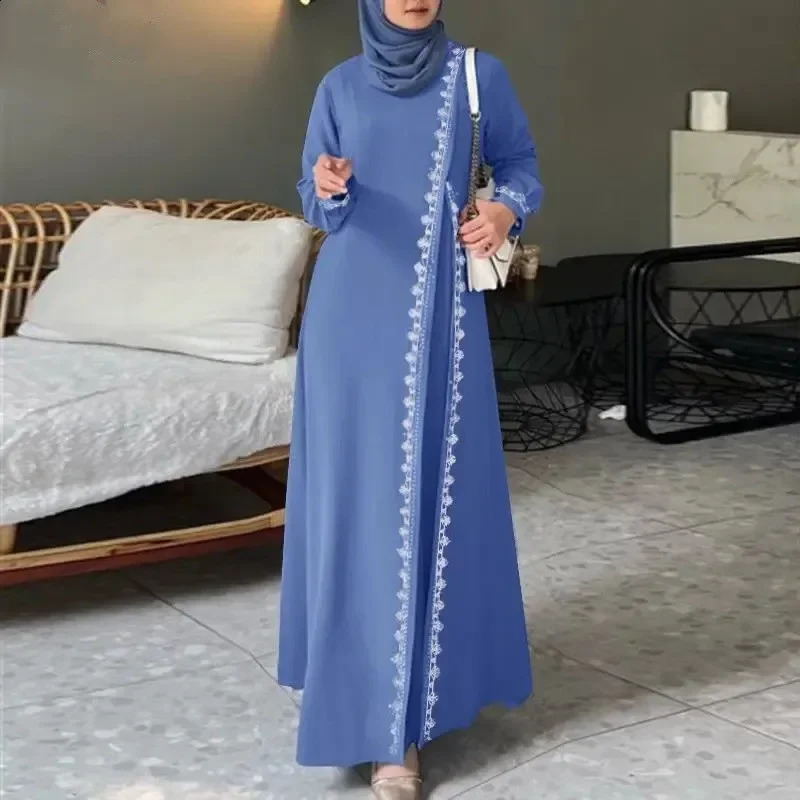 H726# Muslim Womens Long Sleeve Embroidered Dress Casual Spring Fashion Vest Dress Floral Print Loose Fit Maxi Dress 250305