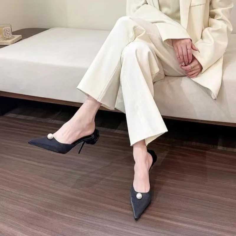 Autumn New Baotou Slippers Wens Fi Pointed Shallow Mouth Pearl Anti-slip Wear-resistant High H Y250306