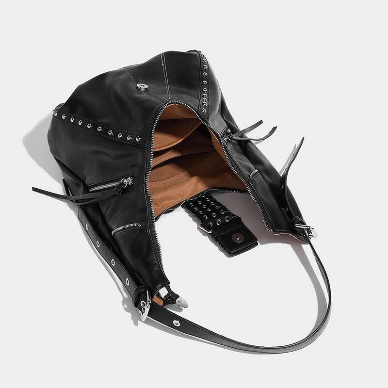 Y2k Rivet Pleated Half Moon Shoulder For Women Cool Style Rock Girls Casual Large Capacity Underarm Bag Handbags And Purses
