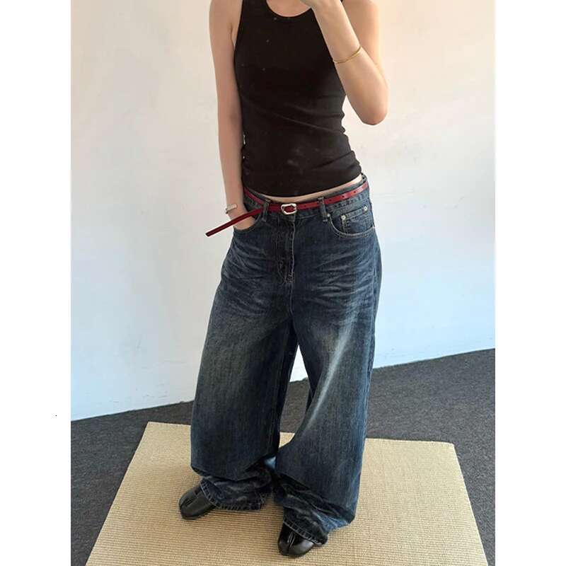 2025 Spring Vintage 2000S Loose Washed Do Old Wide Leg Pants Women's Haruku Casual Jeans Y2k Baggy Blue Denim Trouser