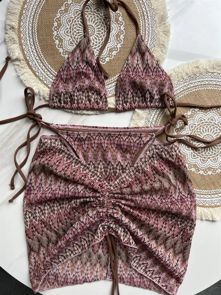 Women Swimsuit Colored Maple Leaves Knitted Bikini Skirt ThreePiece Set Split 250305